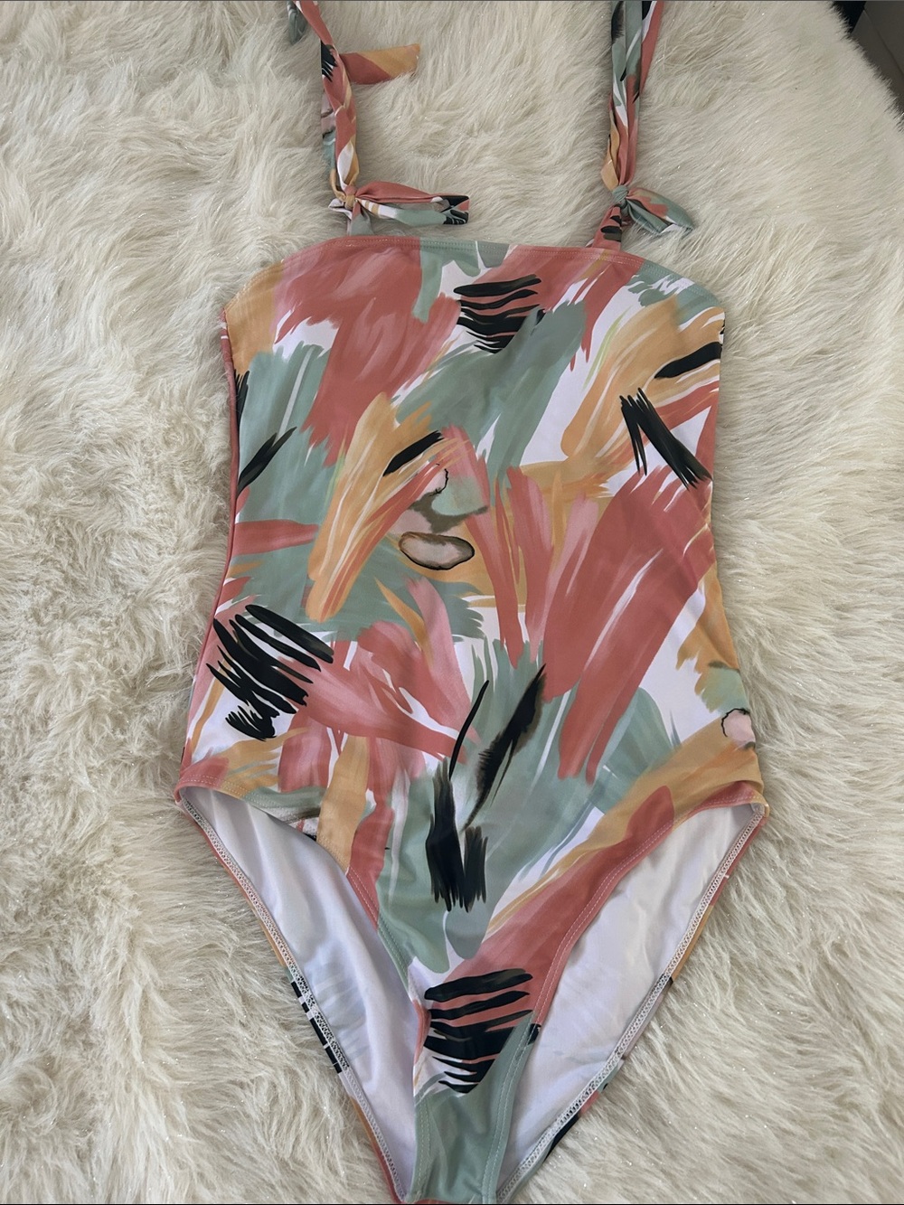 Abstract Brushstroke One-Piece Swimsuit in Coral, Sage & Mustard